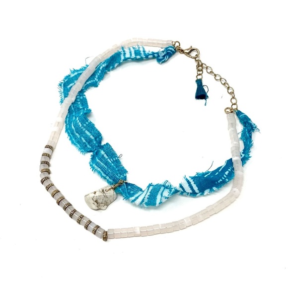 New Free People Remy Choker Bandana Beaded Necklace Layered Stone Blue - Picture 1 of 7
